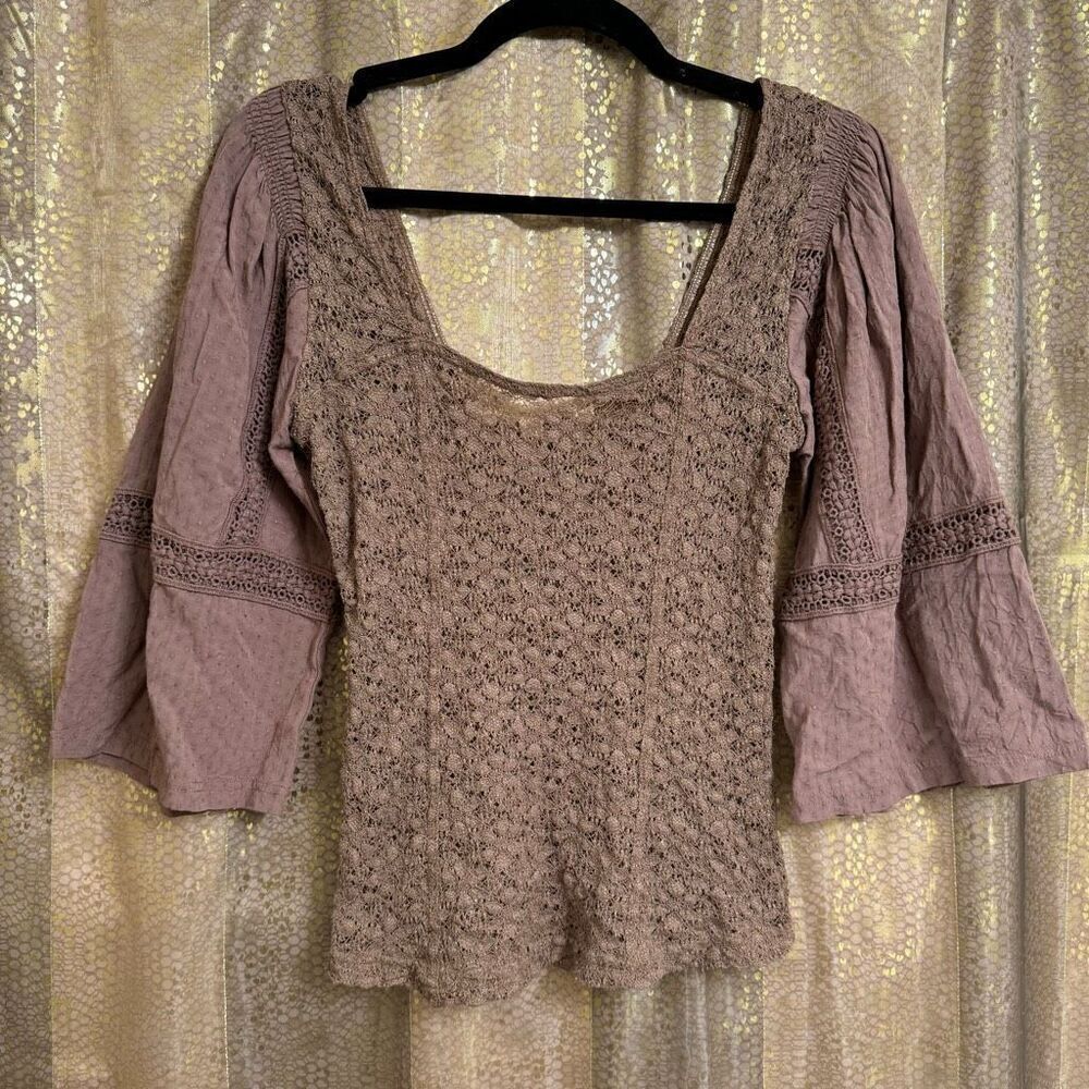 Gimmicks By BKE Brown Square Neck Lace Stretch Cottagecore Top Small